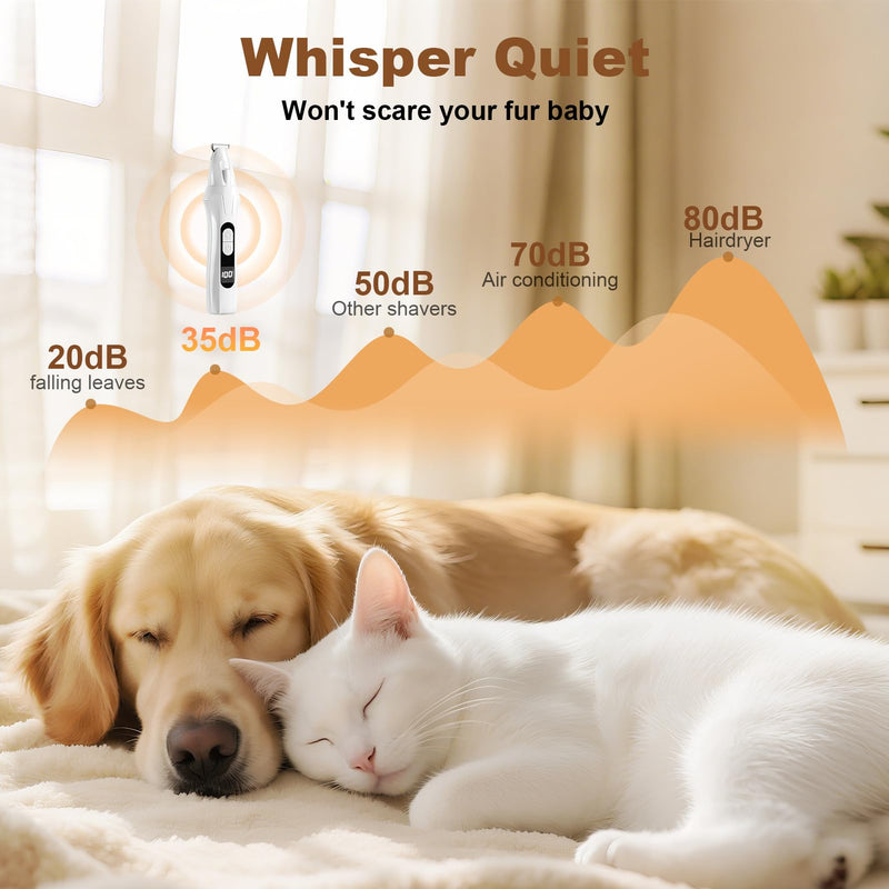 Dog Paw Trimmer with LED Display, 35dB Low Noise Electric Dog Clippers for Grooming, Cordless Paw Trimmers for Dog's Feet, Eyes, Ears, Face, Rump with LED Light (White) - PawsPlanet Australia