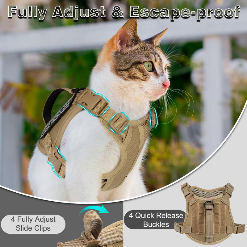 Tactical Cat Harness and Leash Set for Walking, Adjustable Escape Proof Pet Vest for Large Cat, Easy Control Breathable Vest with Handle?Molle Patches (Khaki+Leash, L) Khaki+Leash