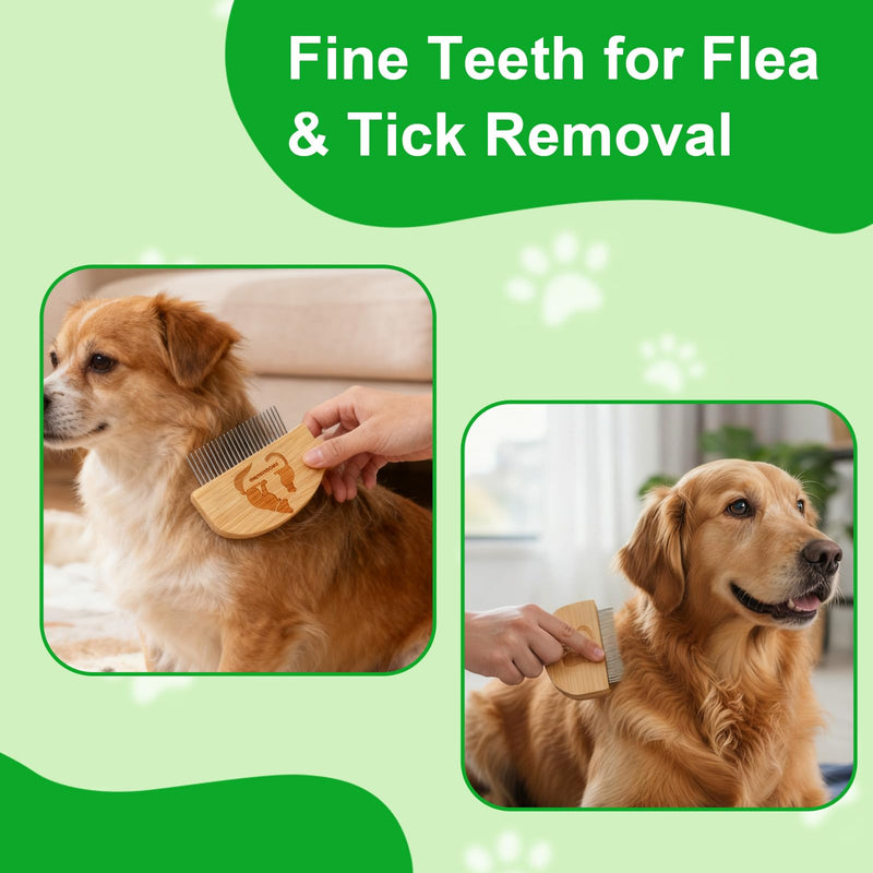Pet Grooming Combs for Dogs Cats, 2 Pack Bamboo Combs with Wide Fine Teeth for Shedding, Detangling, Flea Removal and Daily Care Two Size