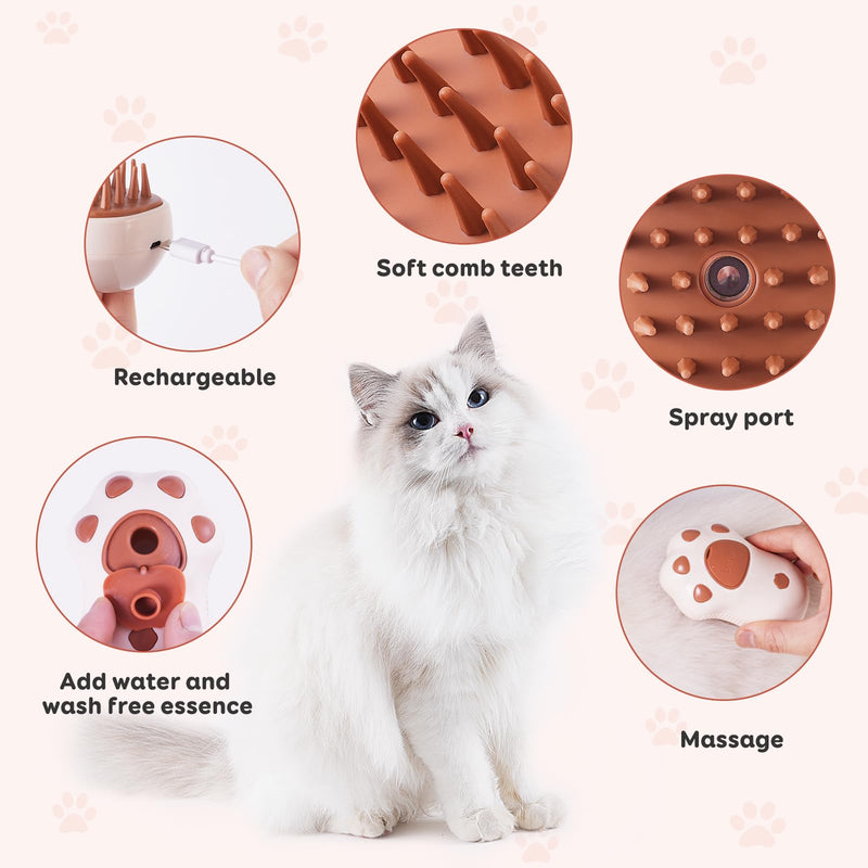 Cat Steam Brush - Self Cleaning Steamy Cat Brush for Massage, Cat Brushes for Indoor Cats, Steamy Cat Brush for Shedding, Steam Pet Brush for Removing Tangled and Loosse Hair Cat Paw Model brown - PawsPlanet Australia