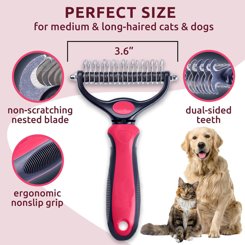 Pet Dematting Comb, Double-Sided Grooming Rake for Dogs and Cats, Deshedding Tool for Removing Knots and Tangles (Pink, L) Pink