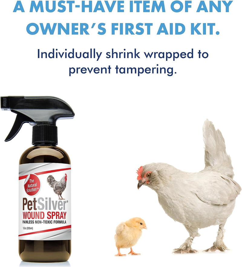 PetSilver Wound Spray Chicken & Bird Formula with Patented Chelated Silver, Healing Aid for Pecking Sores, Bumble Foot, Cuts, Wounds, Burns, and Skin Irritations, Chicken Care, Made in USA, 12 fl. oz.