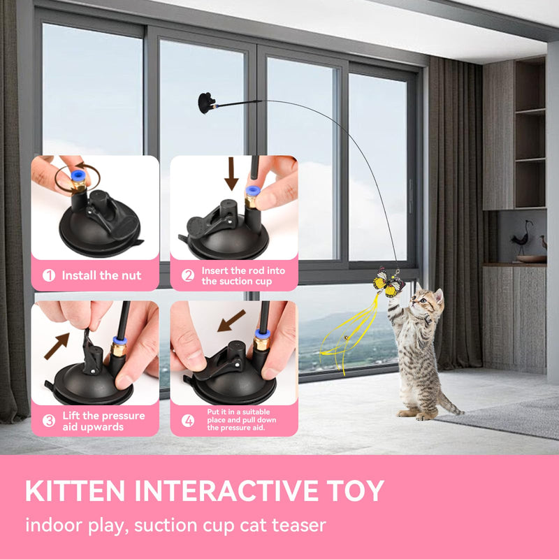 Interactive Cat Toys: 4 Ways to Play Indoor Kitten Wand with Suction Cup, Removable 12Pcs Replacements (Feathers, Mice, Butterflies, Caterpillars, Flies, Fur Balls) – Detachable Design - PawsPlanet Australia