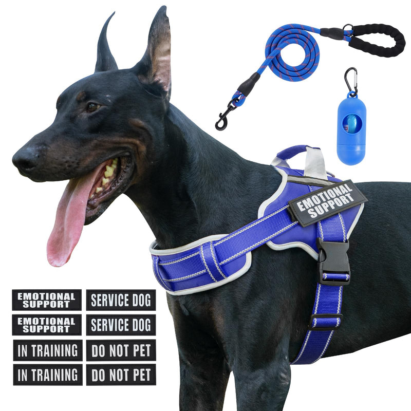 Neck Padded Dog Vest Harness and Leash Set, No Pull Adjustable Service Pet Harness with 8 Dog Patches, Reflective in Training Easy Control Pet Vest with 5ft Dog Leash for Medium & Large Dogs XL Blue - PawsPlanet Australia