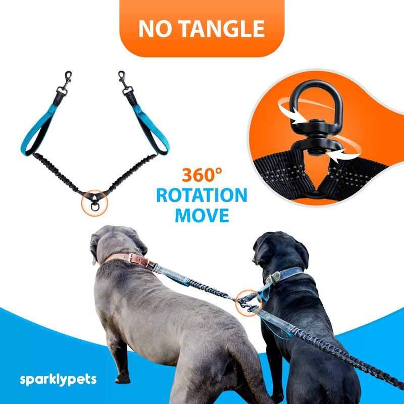 SparklyPets Hands Free Double Dog Leash – Dual Leash for Medium and Large Breeds – Lead for 2 Dogs with Padded Handles, Reflective Stitches, No Pull, Tangle Free Blue 2 dogs M/L