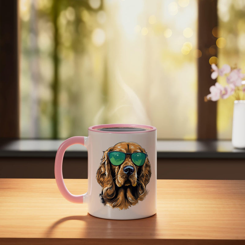 Cocker Spaniel Dog Breed Pet with Sunglasses Cute Graphic Ceramic Mug, Pink/White 11 Ounces