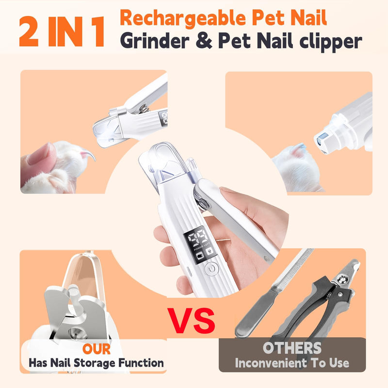 Pet Nail Grinder for Dogs and Cats - 2in1 Dog&Cat Nail Trimmers Super Quiet and Low Vibration Electric Dog Nail Grinder- LED Display Dog Nail Clippers for Large Medium Small Dogs Cats Dog Nail File A - PawsPlanet Australia