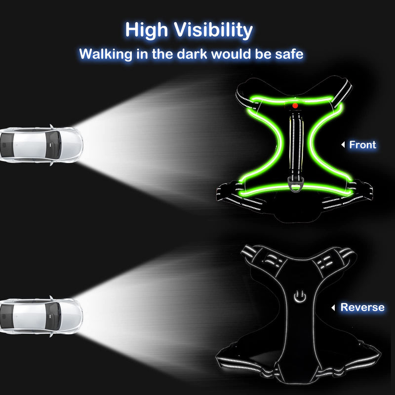 Light Up Dog Harness, No Pull LED Dog Harness with Handle, Rechargeable Lighted Safety Vest for Small Medium Large Dogs, Adjustable Soft Dog Lights for Night Walking Black-Green L - PawsPlanet Australia