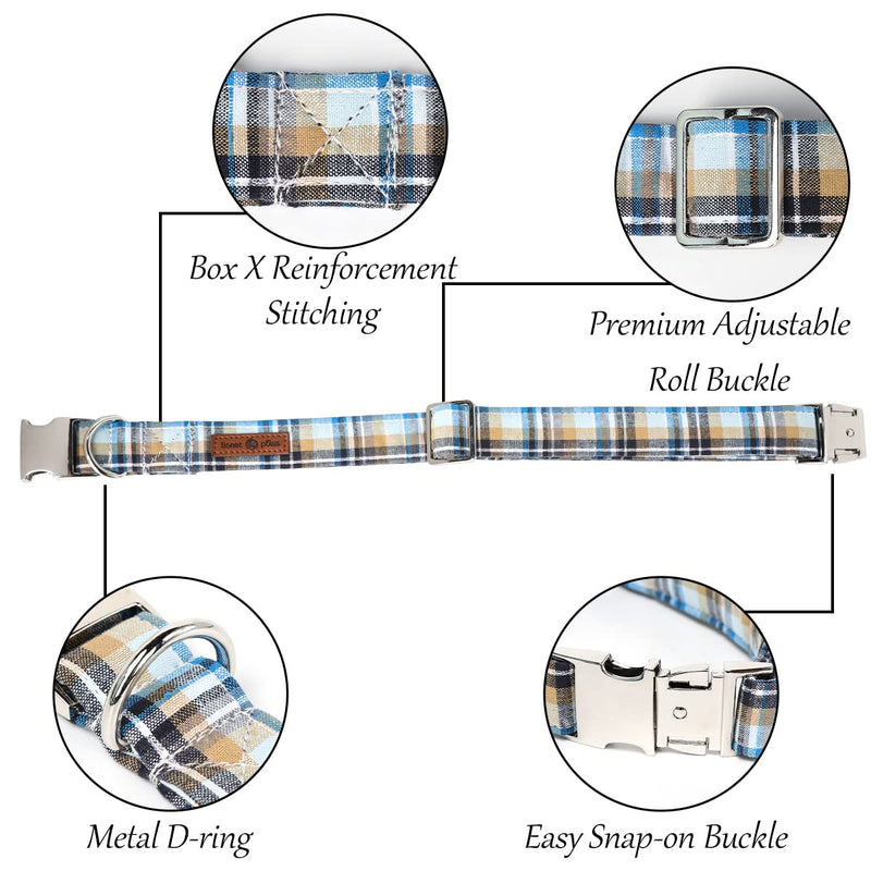 Lionet Paws Boy Dog Collar, Comfortable Adjustable Cute Blue Plaid Collar with Metal Buckle for Male Dogs, Small, Neck 10-16 inches Small (Pack of 1) LightBlue