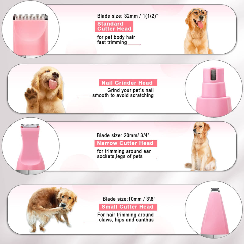 Dog Grooming Clippers Kit-Electric Rechargeable Cat Trimmer Tools-Cordless Quiet Pet Nail Paw Grinder-4 in 1 Multifunctional Low Noise Shaver-Razor for feet Face Ears Toenail Eye?Pink? Pink