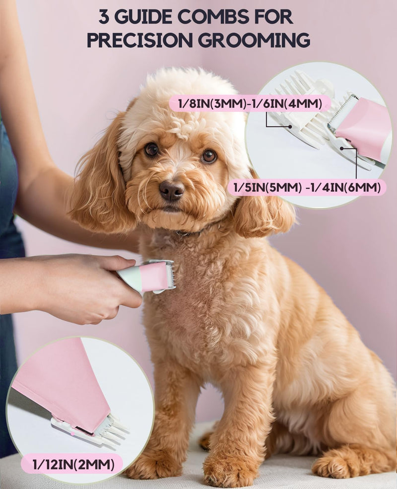 Dog Clippers Grooming Kit, 4 in 1 Quiet Cordless Dog Paw Trimmer & Nail Grinder, Small Cat Clippers Electric Rechargeable Low Noise Pet Shaver for Trimming Hair on Paw Eye Ear Face Rump (Pink) Pink - PawsPlanet Australia