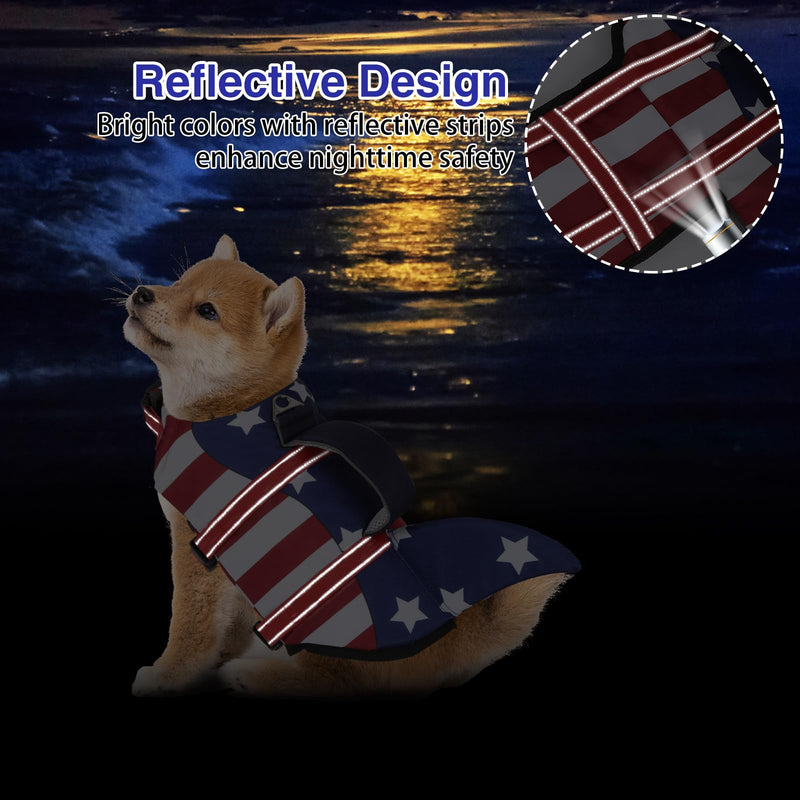 TDTOK Dog Life Jacket Shark Fin American Flag Pattern with Rescue Handle and Reflective Stripes Suitable for 4th of July, High Buoyancy Life Safety Vest for Dogs Swimming and Boating X-Small - PawsPlanet Australia