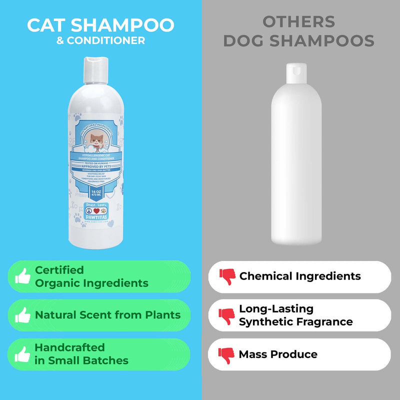 Pawtitas Cat Shampoo Natural Cat Grooming Supplies Shampoo for Cats Fragrance Free Shampoo Kitten Shampoo Organic Oatmeal - 16 Fl Oz Shampoo for Cats