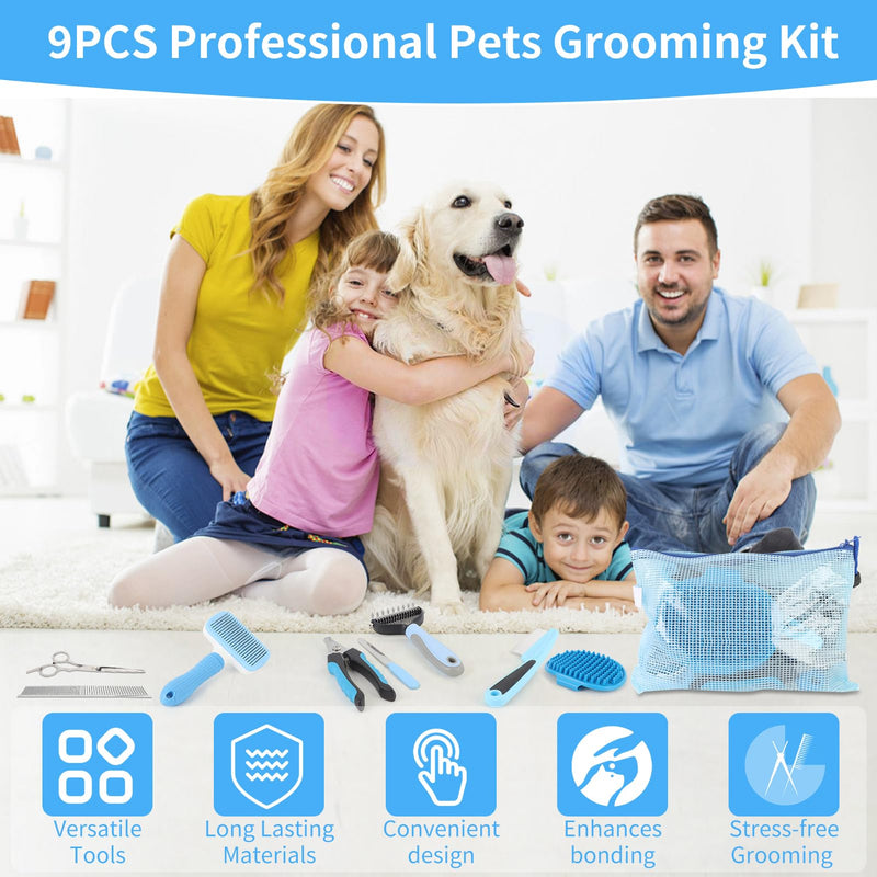 Cat Grooming Brush, 9PCS Dog Brush Kit with Pet Nail Clipper and File, Deshedding Brush for Cats, Cats Dog Shedding Brushs for Small Large Pets, Includes Flea Comb, Bath Brushs,Undercoat Rake (Blue) Blue - PawsPlanet Australia