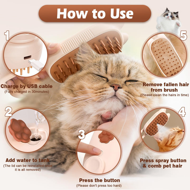 Cat Steam Brush for Shedding, Spritz Defur Comb 3 in 1 Pet Rechargeable Steam Brush Tool for Long and Short Haired Cats and Dogs, Anti-Static, Shedding, Detangling, Massage & Combing (White) - PawsPlanet Australia
