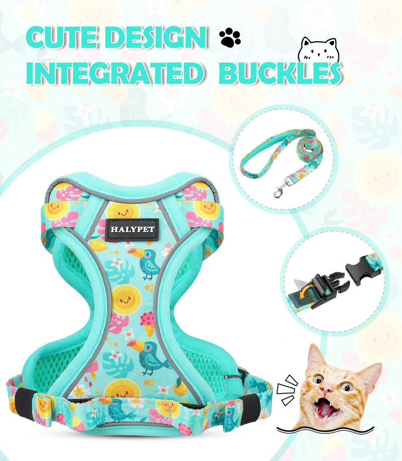 Halypet Cat Harness and Leash Set[MAX Safety 4th-Gen] Cute Escape Proof Vest Harness for Girl&Boy Cat Walking, Comfortable Adjustable Leash and Reflective Strips for Outdoor Kitten, XS Green Tropics H603 Pro Green Tropics X-Small (4-6lb)