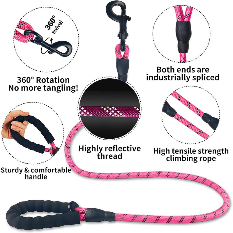2 Pack Dog Leash 5 FT Thick Durable Nylon Rope - Comfortable Padded Handle Reflective Rope Dog Leash for Medium Large Dogs with Collapsible Pet Bowl and Garbage Bags (Black+Pink, 1/3" x 5 FT) Set 02- Black+Pink 1/3" x 5 FT (0~18 lbs.) - PawsPlanet Australia
