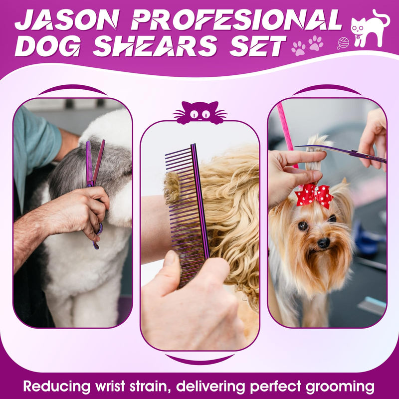 JASON Dog Grooming Scissors Set - Professional 6 in 1 Dog Shears Kit - 6.5" Thinning, 7" Straight, 7" Up-Curved, 7" Down-curved Scissors and Comb for Dog Cat Pet with Adjustable Screw (Purple) Purple - PawsPlanet Australia