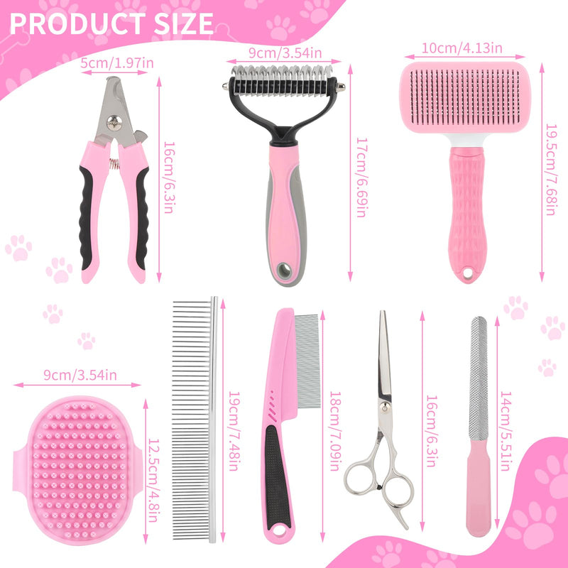 9 Pcs Pet Grooming Brush Set for Shedding, Professional Cats Dogs Long Hair Brush Nail Clipper And File Grooming Kit Self Cleanup Deshedding Multifunctional for Dogs Cats (Pink) Pink - PawsPlanet Australia