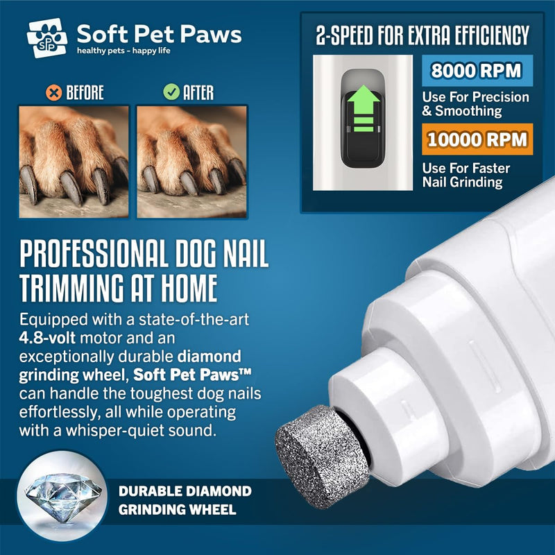 Dog Nail Grinder - Ultra Quiet Operation - Upgraded Dog Nail Trimmer with 2 LED Lights - 2-Speed Rechargeable Nail Grinder - for Small, Medium and Large Dogs - Extra Grinding Head - PawsPlanet Australia