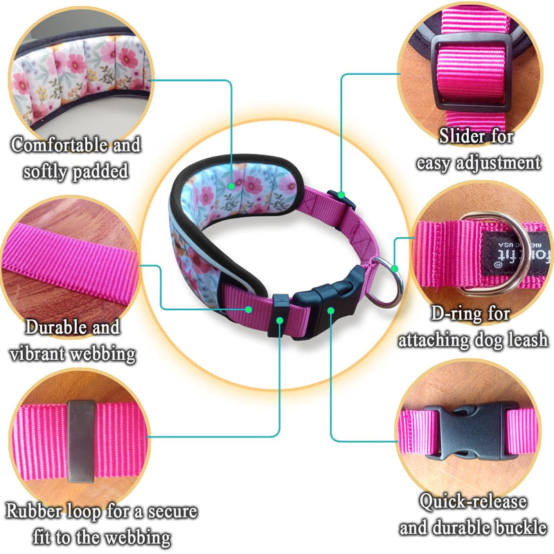 Comfort Fit Reflective Dog Collars Soft Padded Neoprene Pet Collars with Durable Adjustable Buckle Waterproof Comfortable Dog Collars for Medium Large and Small Dogs & Puppies Walking Running Training L/L+ (Neck Size 16"-25") Pink Floral - PawsPlanet Australia