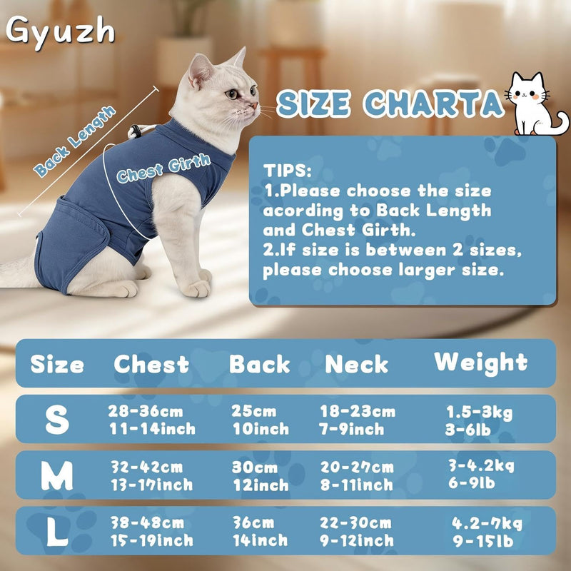 Gyuzh Cat Surgery Recovery Suit for Female Male Cats - Breathable Cone Alternative. Easy-Pull Recovery Suit with Adjustable Neck & Snap Closure for Spay Neutering, Anti-Licking Wound Care Blue M Medium