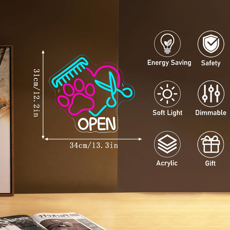 Mutank Pet Shop Open Neon Sign, Paw Neon Light USB Powered LED Dimmable Scissors Sign, for Pet Shop Business Sign Pet Spa Pet Salon Animal Clinic Decor Pet Grooming and Welcome Sign(13.3 * 12.2 In) Blue+Pink+White - PawsPlanet Australia