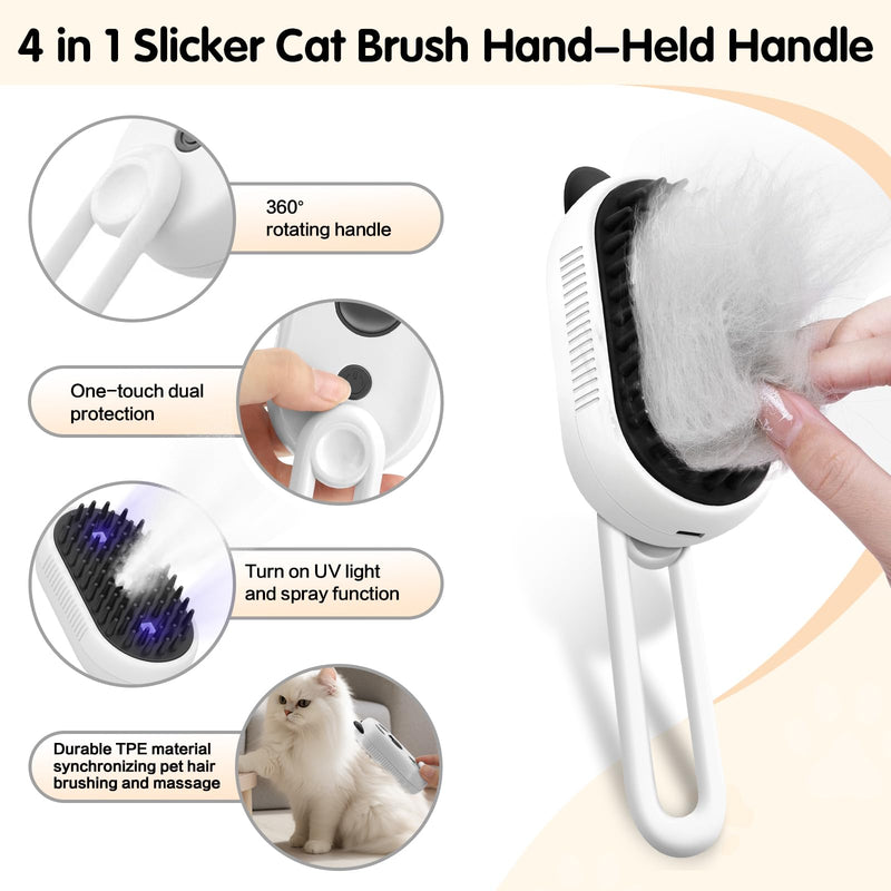 Cat Steam Brush for Shedding, 4 in 1 Water Cat Brushes for Indoor Cats Hair Brush with Spray & UV Light, Steam Brush for Cat & Dog for Massage Clean and Remove Fur-White White - PawsPlanet Australia