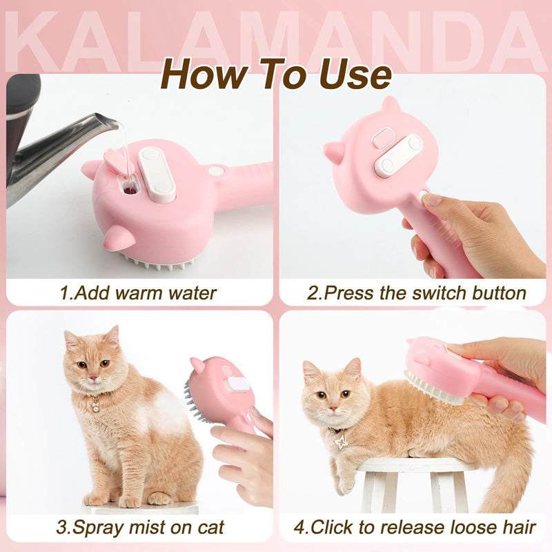 KALAMANDA Cat Steam Brush for Shedding, 4 in 1 Steamy Cat Brush with Handle, Rubber Pet Misting Brush with Release Button, Mist Dog Comb with Cleanser for Indoor Kittens Small Animals(Pink) - PawsPlanet Australia