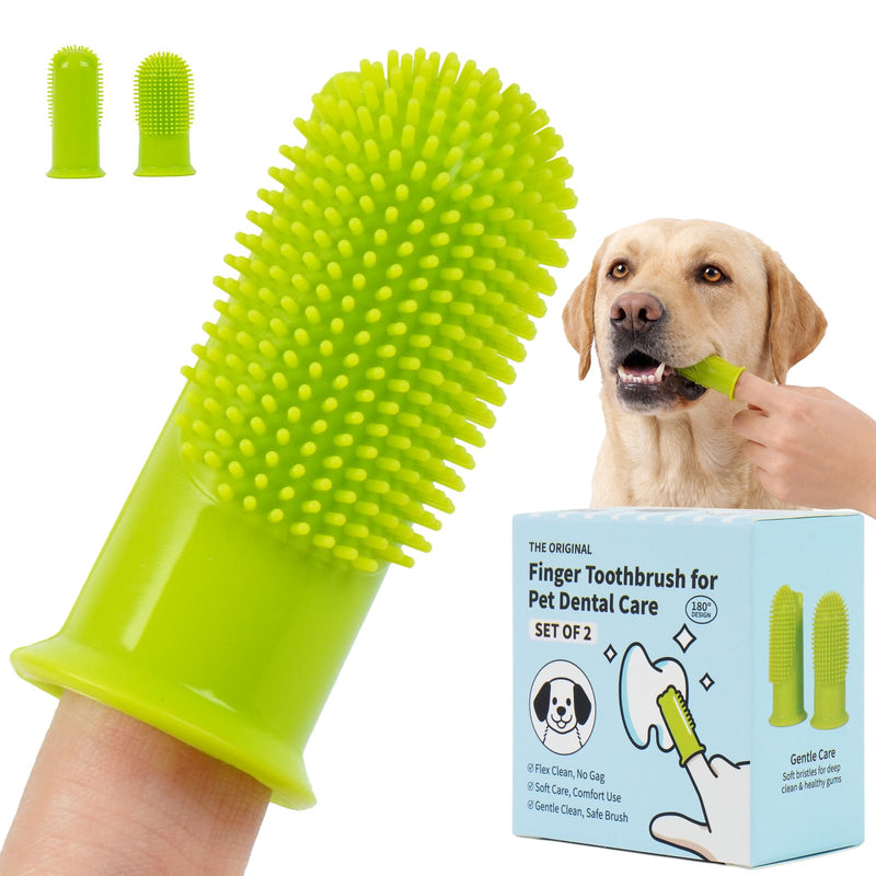 Dog Finger Toothbrush 2 Pack, Small & Large Sizes for Better Finger Fit, Soft Food Grade Silicone Dog & Cat Toothbrush, 180° Bristles for Plaque & Tartar Removal, Pet Teeth Cleaning & Bad Breath Care Green