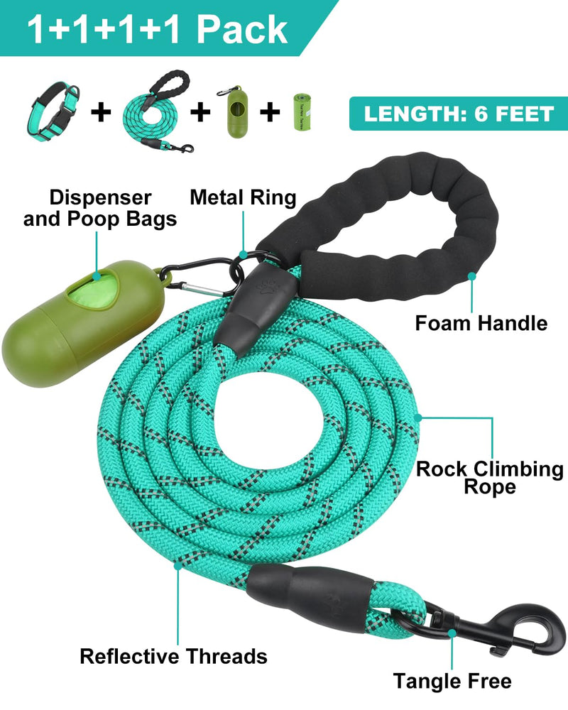 Dynmeow Reflective Dog Collar and Leash Set, 6FT Strong Climbing Rope Leash with Padded Handle, Adjustable Pet Collar with Soft Neoprene Padding for Medium Large Dogs, Teal, M Medium (Pack of 1) Teal, Climbing Rope