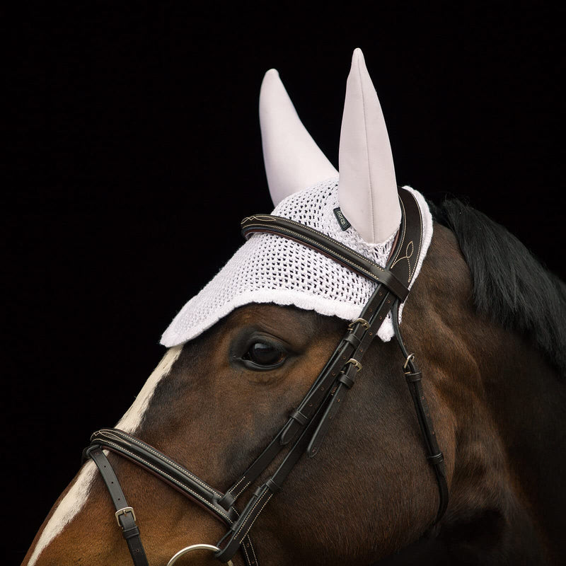 HORZE Supreme Silent Crochet Ear Bonnet - Sound Dampening Fly Protection for Sensitive Horses - White - Horse - PawsPlanet Australia