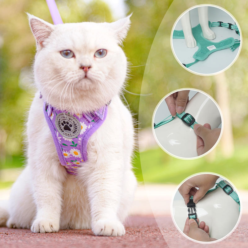 BEAUTYZOO Cat Harness and Leash Set for Walking Escape Proof, Neck Release Adjustable Harness for Kitten Puppy Small Medium Large Cats, Soft Cute Easy Control Small Cat Harness for Cats Boy and Girls S (Chest: 11 - 16") Purple - PawsPlanet Australia