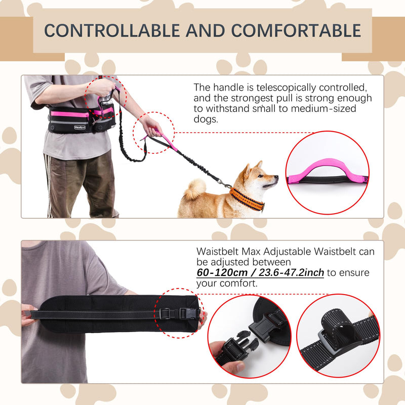 Hands-Free Dog Leash with Pouch, Waist Leash for Walking Two Dogs, Reflective Stitching, Dual Handle, Bungee Retractable for Medium to Large Dogs - Pink,Dog Walking Accessories - PawsPlanet Australia