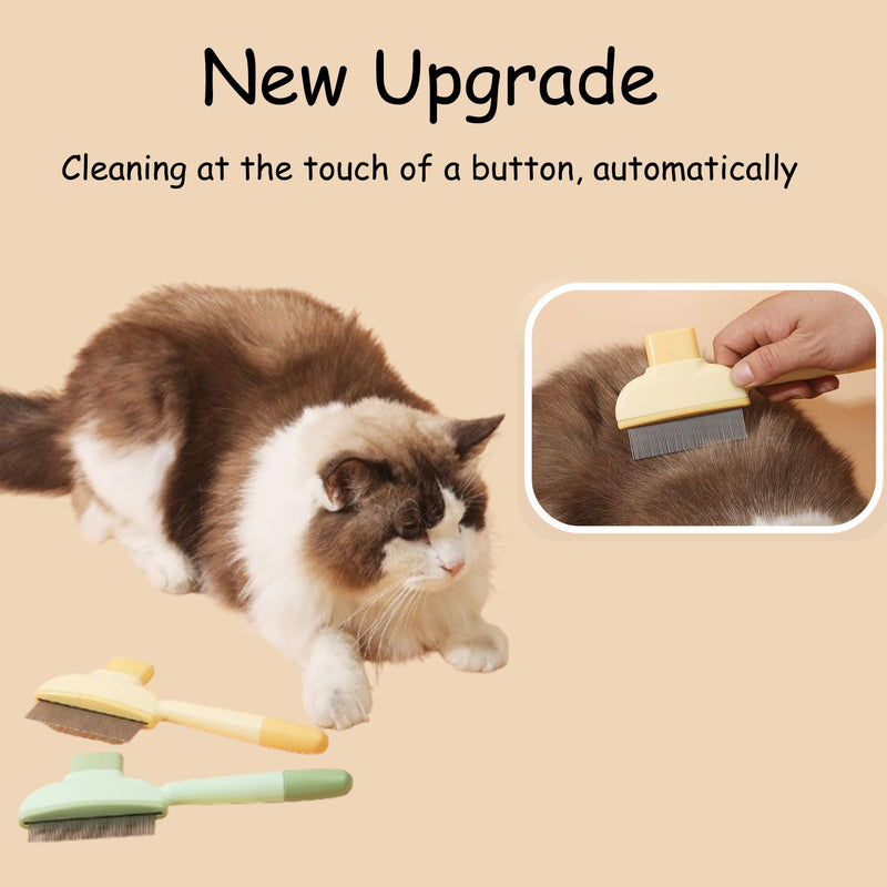 2Pcs Pet Comb Flea Comb for Cats Dogs,Self-Cleaning Cat Grooming Brush with Release Button and Stainless Steel Round Teeth,Detangling Long and Matted on Cats and Dogs(Yellow+Green)