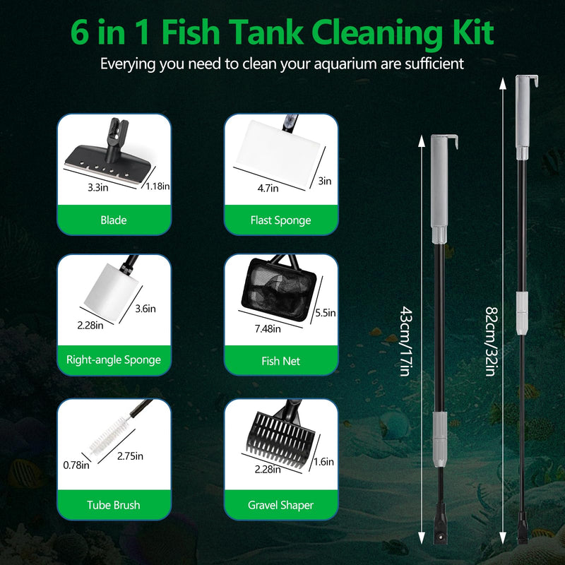 Aquarium Cleaning Tools 6 in 1, Fish Tank Cleaning Kit for 20-160 Gallon Acrylic & Glass Tank with Telescopic Long Handle, Algae Scraper, Scrubber Pads, Tube Cleaner, Fish net, Gravel Rake - PawsPlanet Australia