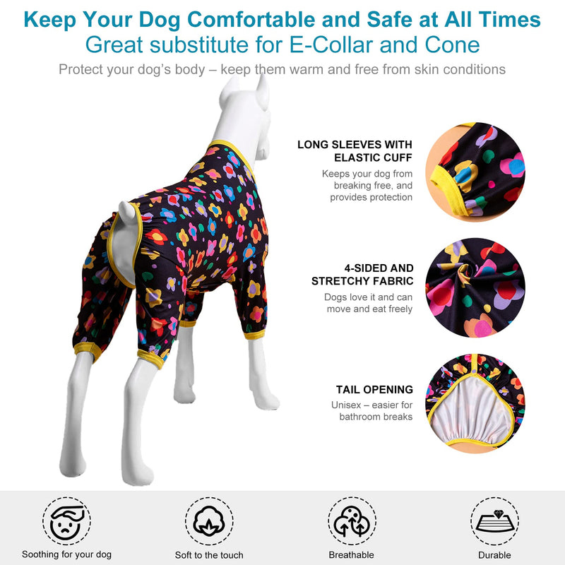 LovinPet Clothes for Labrador Pajama, Anxiety Calming Shirt,Anti Licking Dog Pajamas, Lightweight Fabric, Vintage Happy 2 Quilted Multi Print, Large Dog Pjs, Pitbull Clothes, Black Yellow 2XL XX-Large - PawsPlanet Australia
