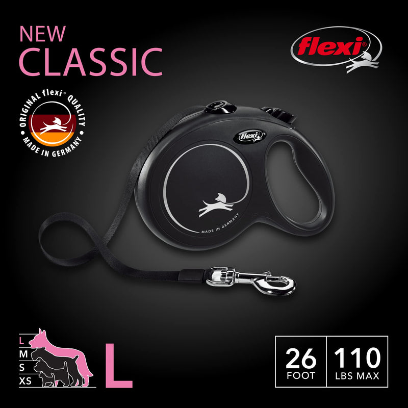 FLEXI New Classic Tape Retractable Dog Leash for Large Dogs Upto 110 lbs. – 26 ft., Black | Tangle Free Pet Walking Leash with One-Handed Brake, Pause, Lock|German Quality Product Large - 26 Feet (Tape) - PawsPlanet Australia