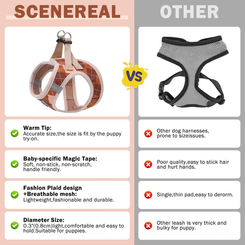 SCENEREAL Dog Harness Collar and Leash Set, Step-in No Pull Pet Vest Harnesses for Small Medium Dogs Puppy Cats, Soft Mesh No-Chock Reflective Vest Harness for Outdoor Walking Running, Brown Plaid S S: Chest Girth: 14.5"-16" - PawsPlanet Australia