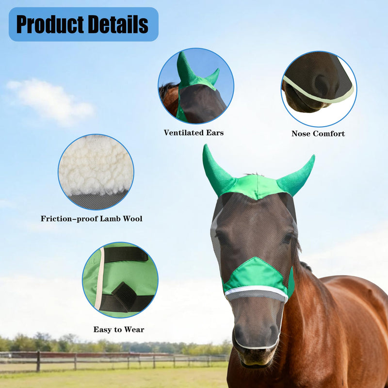 Green Fly Mask for Horses with Nose & Ear Coverage - UV Protection Summer Fly Mask, Breathable & Comfortable Mesh Face Mask for Horses, Adjustable Horse Fly Mask for Stable, Trail, Pasture