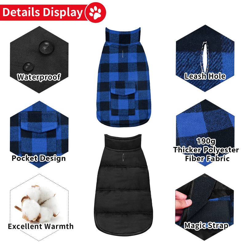 Malier Dog Winter Coat, Reversible Classic Plaid Waterproof Dog Winter Jacket Warm Dog Vest with Pocket, Cold Weather Windproof Dog Clothes Coat Apparel for Small Medium Large Dogs Blue XX-Large