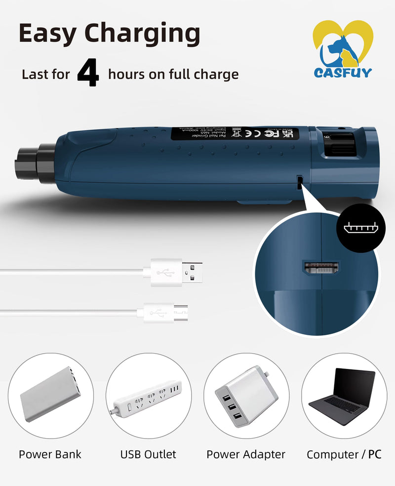 Casfuy Dog Nail Grinder Quiet - (45db) 6-Speed Pet Nail Grinder with 2 LED Lights for Large Medium Small Puppy Dogs/Cats, Professional 3 Ports Rechargeable Electric Dog Nail Trimmer with Dust Cap Blue - PawsPlanet Australia