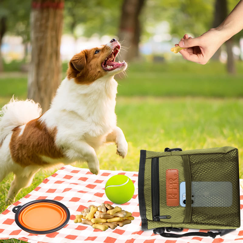 Dog Treat Training Pouch Easily Carries Pet Toys Kibble, Treats Built-in Poop Bag Dispenser 3 Ways to Wear Comes with a Foldable Silicone Bowl(Army Green) army green - PawsPlanet Australia