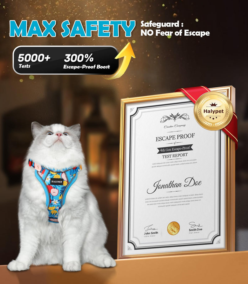 Halypet Cat Harness and Leash Set[MAX Safety 4th-Gen] Cute Escape Proof Vest Harness for Girl&Boy Cat Walking, Comfortable Adjustable Leash and Reflective Strips for Outdoor Kitten, M Azure Floral H603 Pro Azure Floral Medium (13-18lb) - PawsPlanet Australia