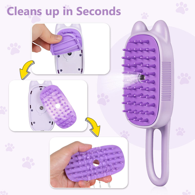 Rechargeable Cat Steam Brush with Mist Spray, 3-in-1 Pet Steam Brush for Long and Short Haired Cats and Small Dogs, Anti-Static, De-Shedding, Detangling, Massage, Purple Cat Design - PawsPlanet Australia