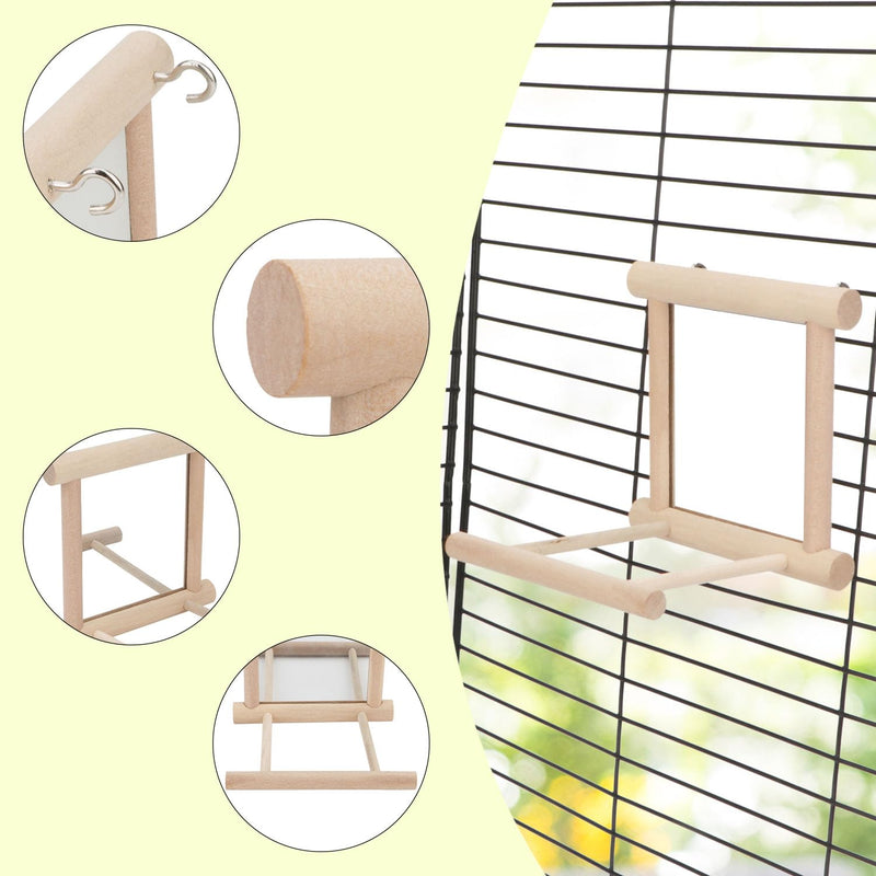 Hypeety Bird Parrot Mirror Toy Swing Hanging with Perch for Parrot Parakeet Budgies Cockatiel Conure Finch Lovebird (D) Wooden Mirror with Perch