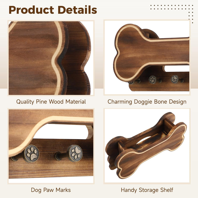 Doggie Bone Key Holder Wall Mount, Rustic Wooden Dog Leash Holder with 5 Hooks, Dog Stuff Storage Shelf, Pet Accessories Organizer for Entryway, Living Room, 11.8 x 6.1 x 3.1 in - PawsPlanet Australia