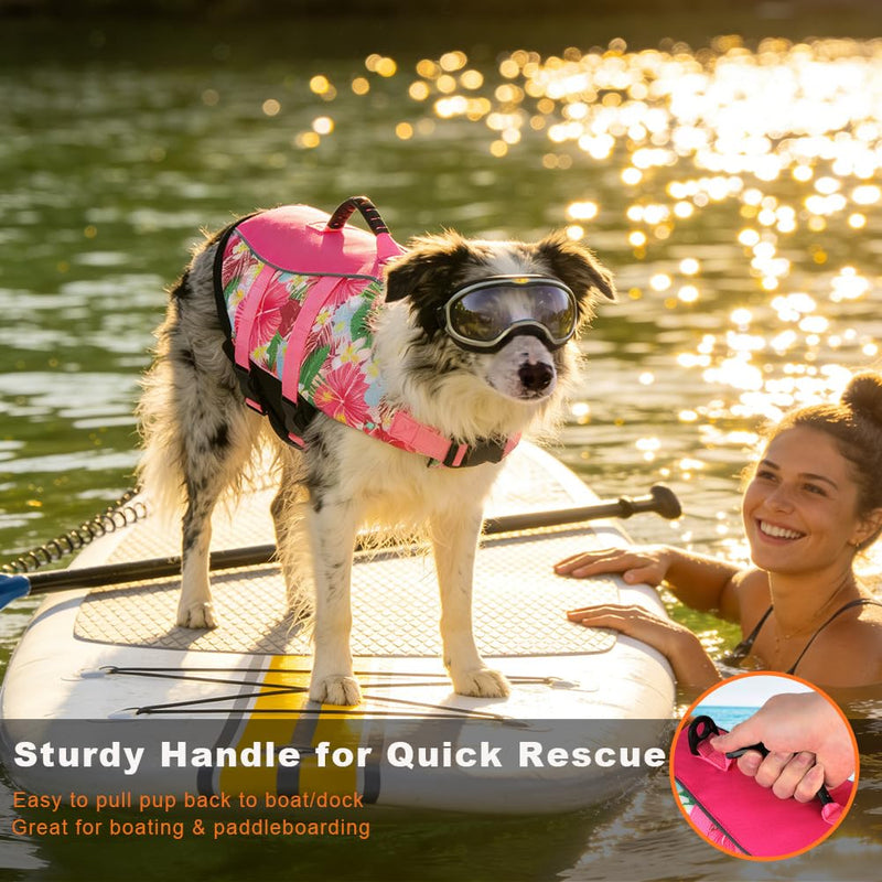 Mklhgty Hawaiian Dog Life Jacket - Adjustable Ripstop Vest with Rescue Handle for Swimming Boating, High-Flotation Safety Device for Small Medium Large Dogs (Floral Pink,S) Floral Pink - PawsPlanet Australia