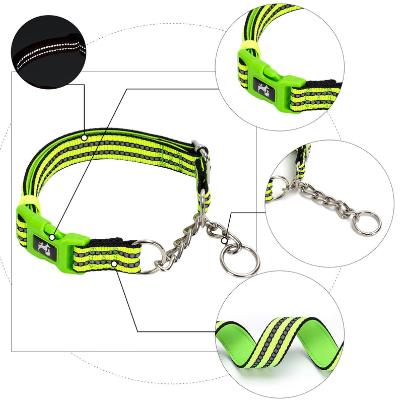 Green Reflective Martingale Dog Collar with Buckle- Night-Safe, Anti-Slip Training Collar Designed for Secure Walks - Large G L (Neck 16"-23") - PawsPlanet Australia
