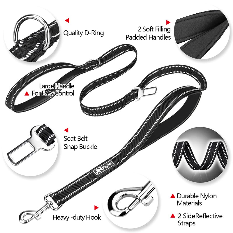 PoyPet 5 Feet Dog Leash - 3M Reflective - 2 Cushioned Handles - Functional Car Seat Belt(Black) Black Classic - PawsPlanet Australia